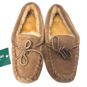LL Bean Kids Wicked Good Brown Suede Sheepskin Lined Moccasin Slippers Sz 12 NWT